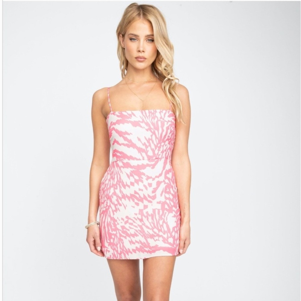 RESA Max Mini Dress Barcelona Pink Tan Abstract Print Smocked Back Size Medium